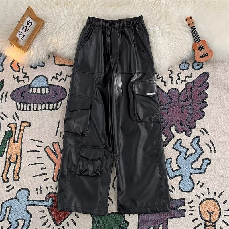 Leather Work Overalls - Celana panjang kulit PU untuk pria,