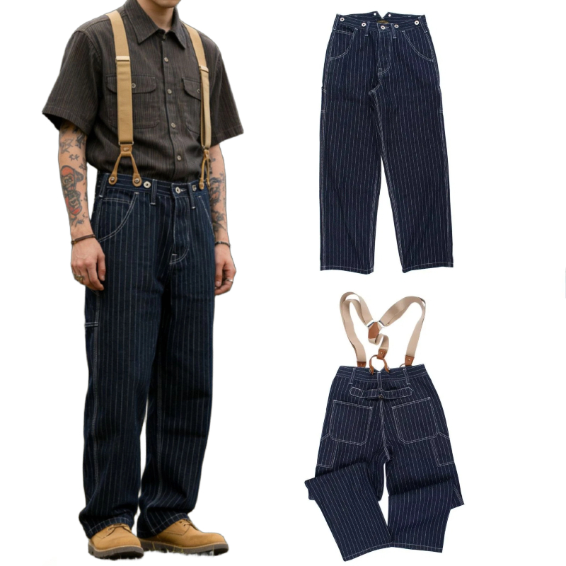 Leather Work Overalls - Celana Denim Bergaris Vintage untuk Pria