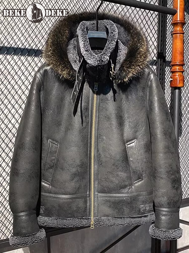 Leather Work Jacket With Hood - Jaket Kulit Asli Pria Musim Dingin